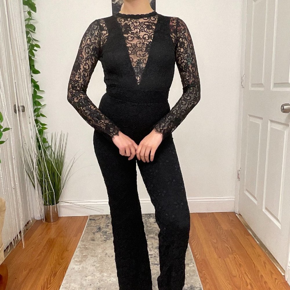 Nightcap Cutout Lace Serata Jumpsuit Long Sleeve Size XS Black